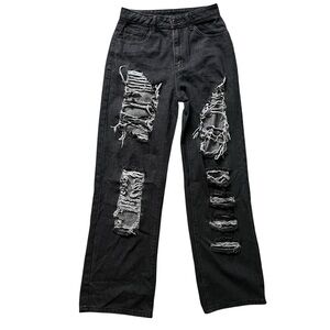 Grunge y2k distressed wide leg jean black women small